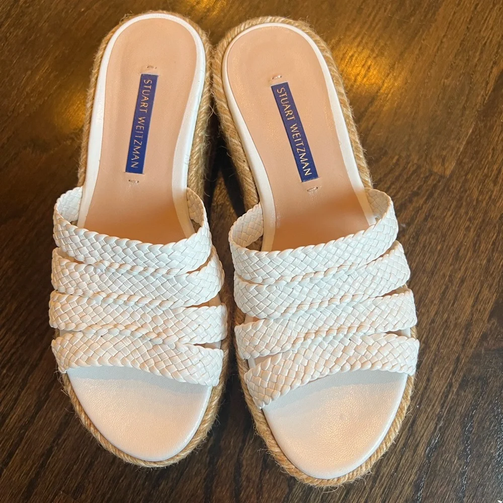 Stuart Weitzman White Braided Espadrille Slide Sandals